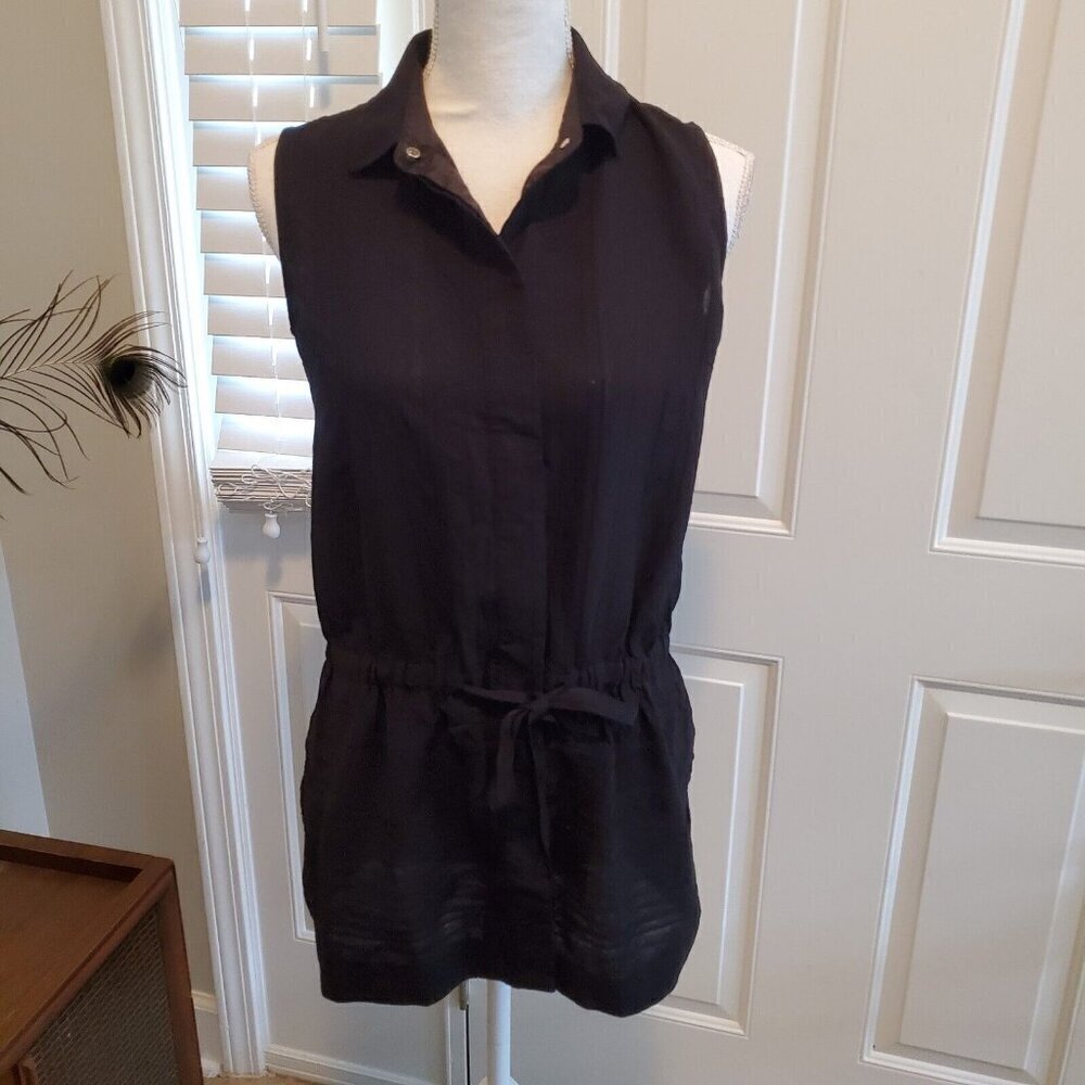 Lafayette 148 Tunic Top Small Black Hidden Button Up Sleeveless Tie Waist Slit